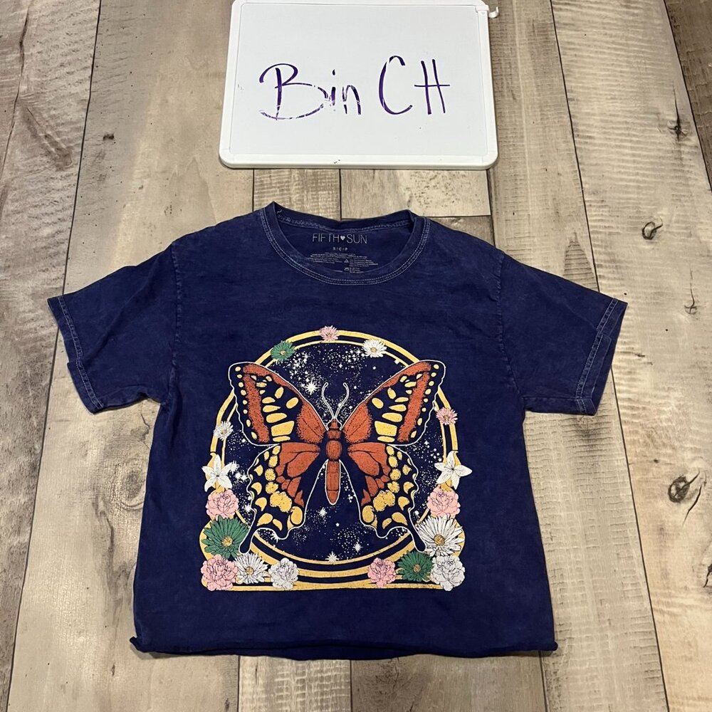 Fifth Sun 100% Cotton Mineral Wash Butterfly Flowers Celestial Crop T-Shirt S - Picture 1 of 6